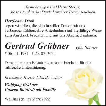 Traueranzeige von Gertrud Grübner von Trauerkombi Sangerhausen