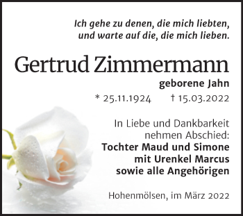 Traueranzeige von Gertrud Zimmermann von Trauerkombi Weißenfels