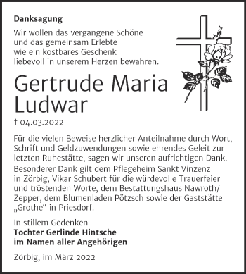 Traueranzeige von Gertrude Maria Ludwar von Trauerkombi Bitterfeld