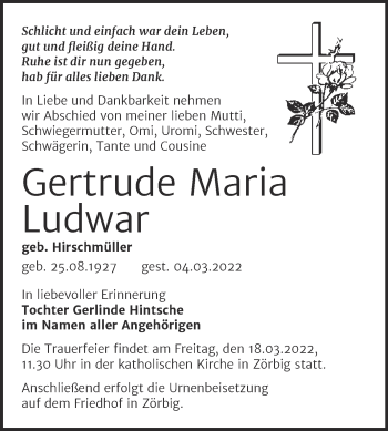 Traueranzeige von Gertrude Maria Ludwar von Trauerkombi Bitterfeld