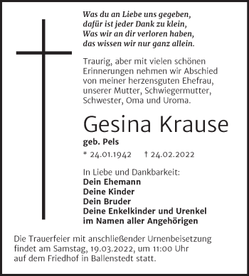 Traueranzeige von Gesina Krause von Trauerkombi Quedlinburg