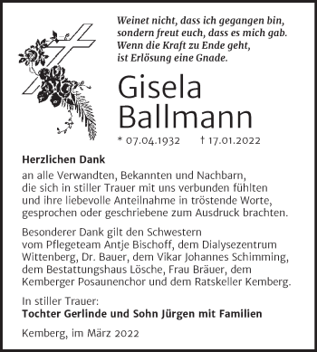 Traueranzeige von Gisela Ballmann von Trauerkombi Wittenberg