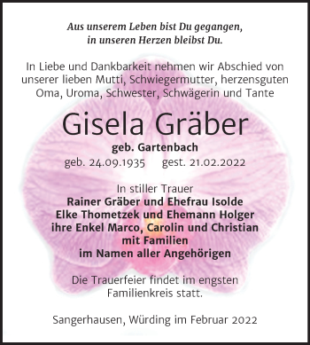 Traueranzeige von Gisela Gräber von Trauerkombi Sangerhausen