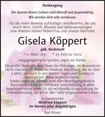 Traueranzeige von Gisela Köppert von Naumburger Tageblatt