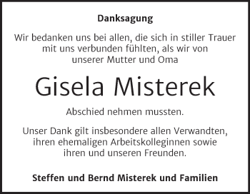 Traueranzeige von Gisela Misterek von Trauerkombi Bernburg