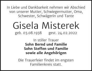 Traueranzeige von Gisela Misterek von Trauerkombi Bernburg