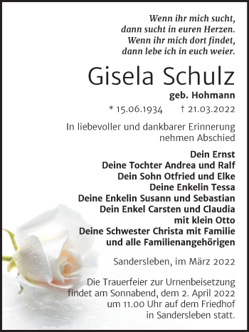 Traueranzeige von Gisela Schulz von Trauerkombi Mansfelder Land