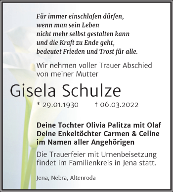 Traueranzeige von Gisela Schulze von Naumburger Tageblatt