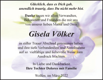 Traueranzeige von Gisela Völker von Trauerkombi Bitterfeld