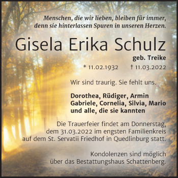 Traueranzeige von Gisela Erika Schulz von Trauerkombi Quedlinburg