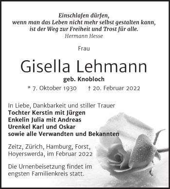 Traueranzeige von Gisella Lehmann von Trauerkombi Zeitz