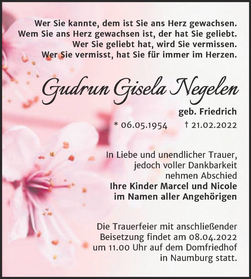  Traueranzeige für Gudrun Gisela Negelen vom 09.03.2022 aus Wochenspiegel Naumburg/Nebra