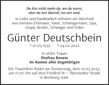 Traueranzeige von Günter Deutschbein von Trauerkombi Bernburg
