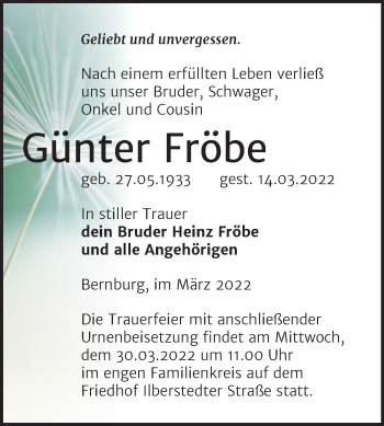 Traueranzeige von Günter Fröbe von Trauerkombi Bernburg