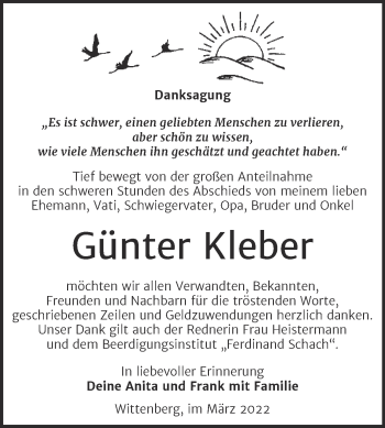 Traueranzeige von Günter Kleber von Trauerkombi Wittenberg
