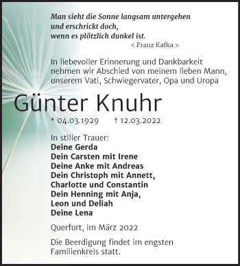 Traueranzeige von Günter Knuhr von Trauerkombi Merseburg