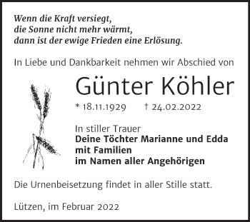 Traueranzeige von Günter Köhler von Trauerkombi Weißenfels