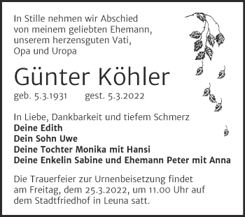 Traueranzeige von Günter Köhler von Trauerkombi Merseburg
