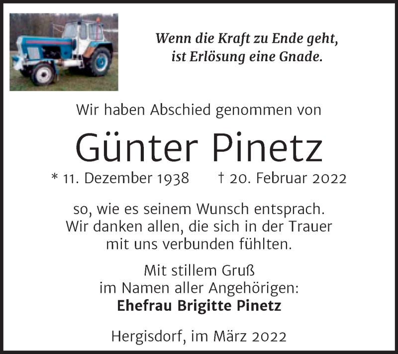  Traueranzeige für Günter Pinetz vom 19.03.2022 aus Trauerkombi Mansfelder Land