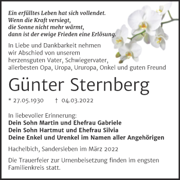 Traueranzeige von Günter Sternberg von Trauerkombi Mansfelder Land