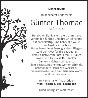 Traueranzeige von Günter Thomae von Trauerkombi Quedlinburg