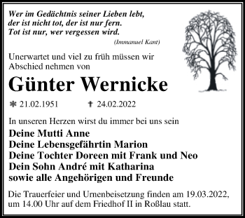 Traueranzeige von Günter Wernicke von Trauerkombi Dessau