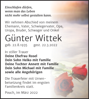 Traueranzeige von Günter Wittek von Trauerkombi Bitterfeld