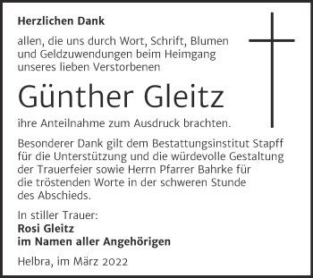 Traueranzeige von Günther Gleitz von Trauerkombi Mansfelder Land