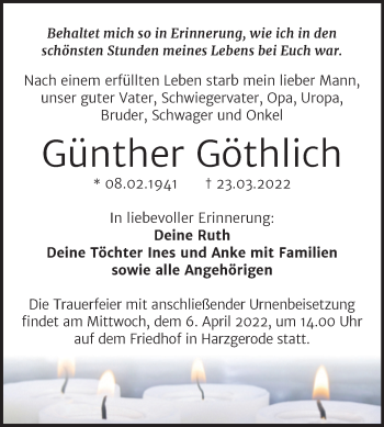 Traueranzeige von Günther Göthlich von Trauerkombi Quedlinburg