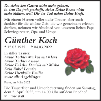 Traueranzeige von Günther Koch von Trauerkombi Aschersleben