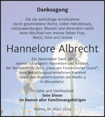 Traueranzeige von Hannelore Albrecht von Trauerkombi Zeitz