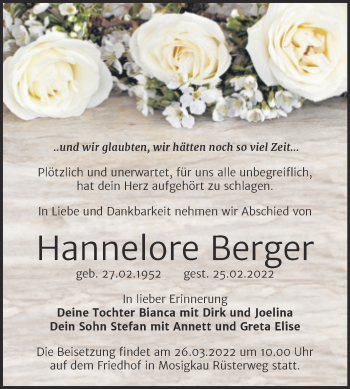 Traueranzeige von Hannelore Berger von Trauerkombi Dessau