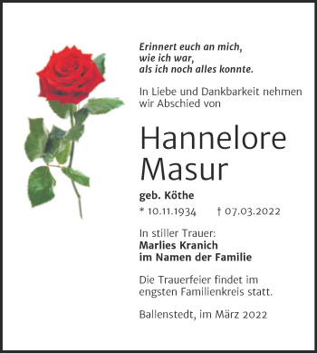 Traueranzeige von Hannelore Masur von Trauerkombi Quedlinburg