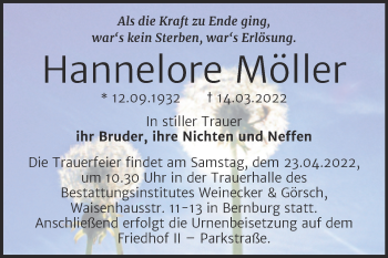 Traueranzeige von Hannelore Möller von Trauerkombi Bernburg