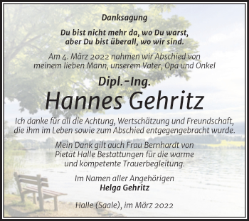 Traueranzeige von Hannes Gehritz von Mitteldeutsche Zeitung Halle/Saalkreis