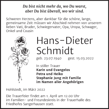 Traueranzeige von Hans-Dieter Schmidt von Trauerkombi Sangerhausen