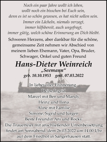 Traueranzeige von Hans-Dieter Weinreich von Trauerkombi Sangerhausen
