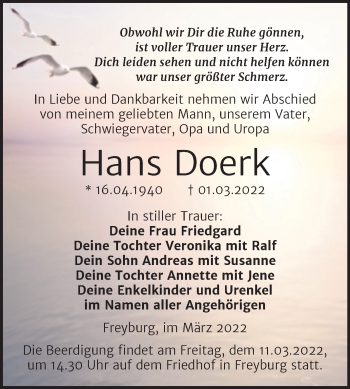 Traueranzeige von Hans Doerk von Wochenspiegel Naumburg/Nebra