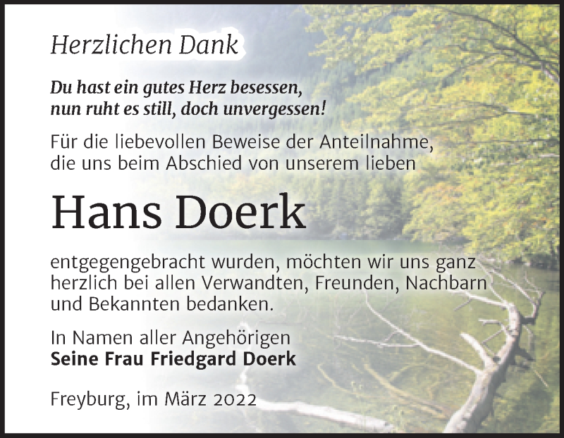  Traueranzeige für Hans Doerk vom 23.03.2022 aus Wochenspiegel Naumburg/Nebra