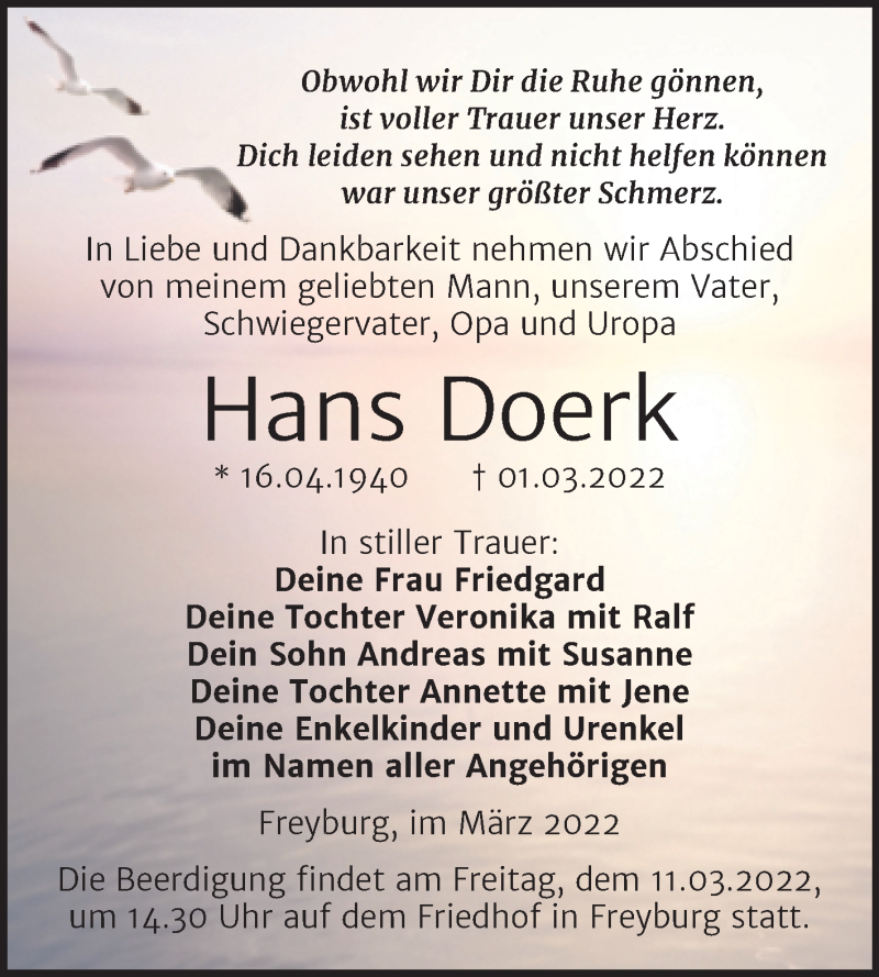  Traueranzeige für Hans Doerk vom 09.03.2022 aus Wochenspiegel Naumburg/Nebra