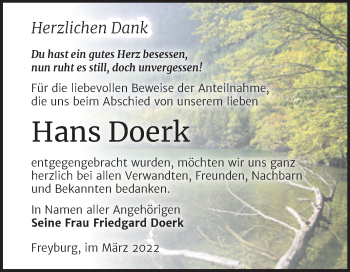 Traueranzeige von Hans Doerk von Wochenspiegel Naumburg/Nebra