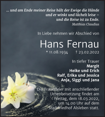 Traueranzeige von Hans Fernau von Trauerkombi Bernburg