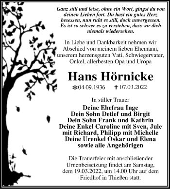 Traueranzeige von Hans Hörnicke von Trauerkombi Wittenberg