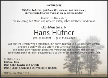 Traueranzeige von Hans Hüfner von Trauerkombi Zeitz
