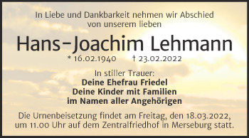 Traueranzeige von Hans-Joachim Lehmann von Trauerkombi Merseburg