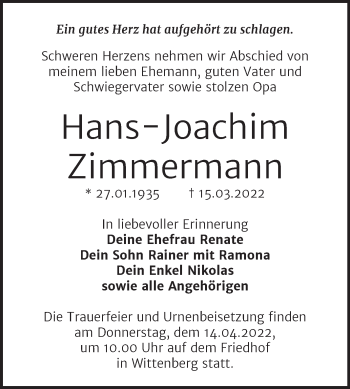 Traueranzeige von Hans-Joachim Zimmermann von Trauerkombi Wittenberg