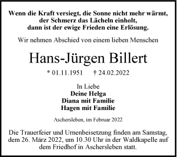 Traueranzeige von Hans-Jürgen Billert von Trauerkombi Aschersleben