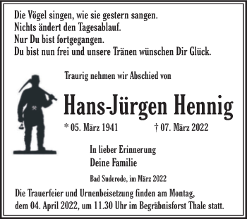 Traueranzeige von Hans-Jürgen Hennig von Trauerkombi Quedlinburg
