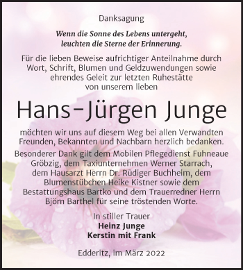Traueranzeige von Hans-Jürgen Junge von Trauerkombi Köthen