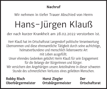 Traueranzeige von Hans-Jürgen Klauß von Wochenspiegel Weißenfels